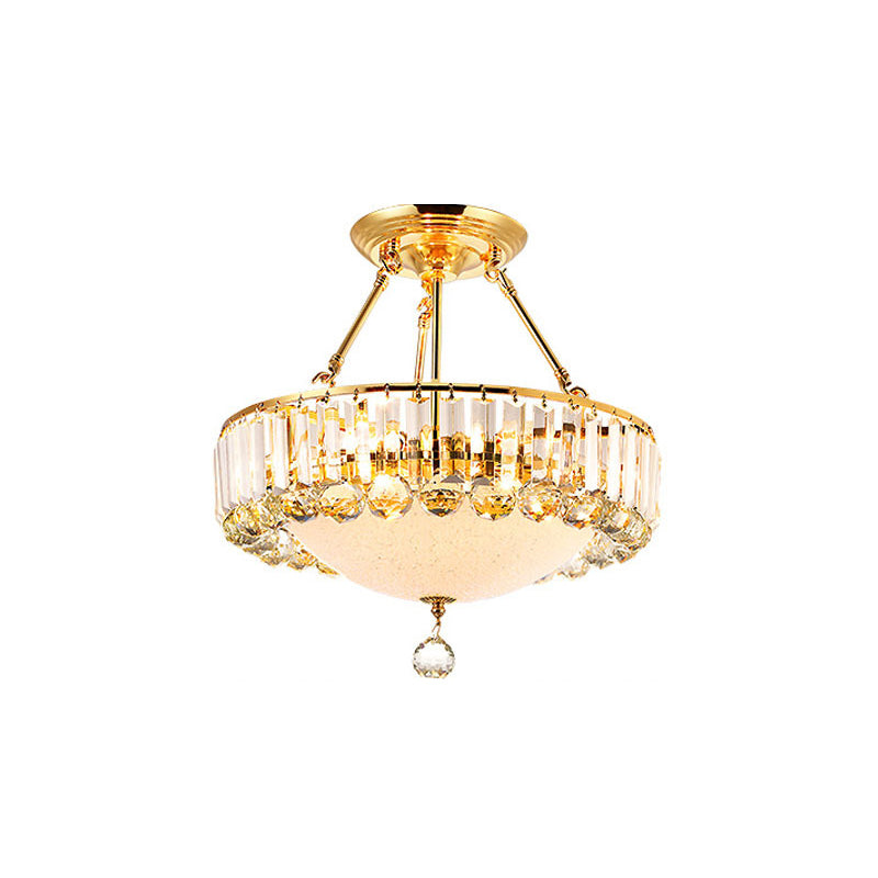 Drum Semi Mount Lighting Vintage Metal and Clear Crystal Ceiling Lighting with Milk Glass Diffuser in Gold