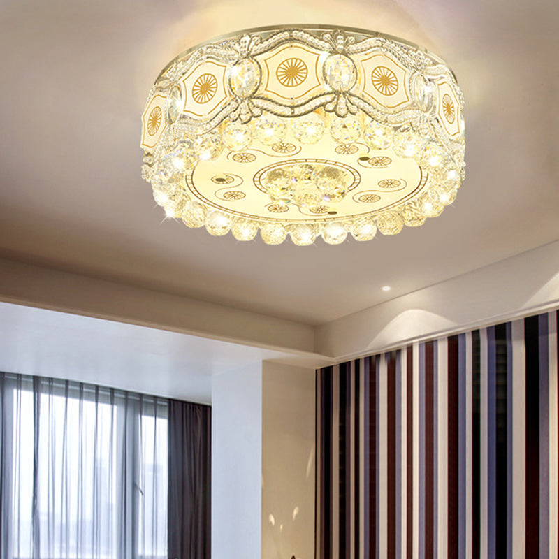 White Glass Circle Flush Light Vintage LED Flush Ceiling Lamp with Etched Design and Clear Crystal Accent