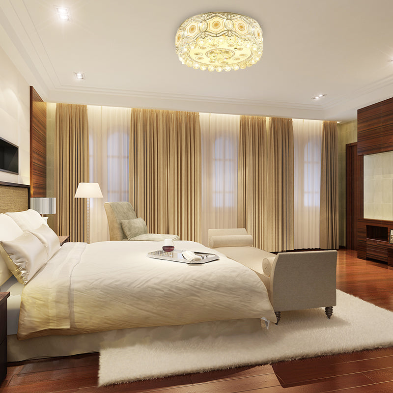 White Glass Circle Flush Light Vintage LED Flush Ceiling Lamp with Etched Design and Clear Crystal Accent