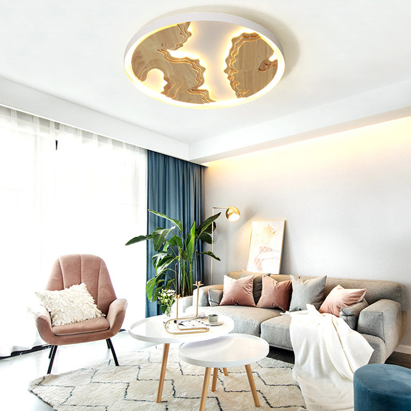 Round Flush Mount Lamp Contemporary Wood Gold/White Integrated LED Ceiling Light Fixture for Living Room, 16"/19.5"/23.5" Dia