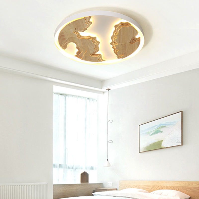 Round Flush Mount Lamp Contemporary Wood Gold/White Integrated LED Ceiling Light Fixture for Living Room, 16"/19.5"/23.5" Dia