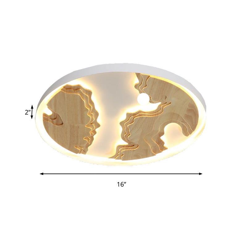 Round Flush Mount Lamp Contemporary Wood Gold/White Integrated LED Ceiling Light Fixture for Living Room, 16"/19.5"/23.5" Dia