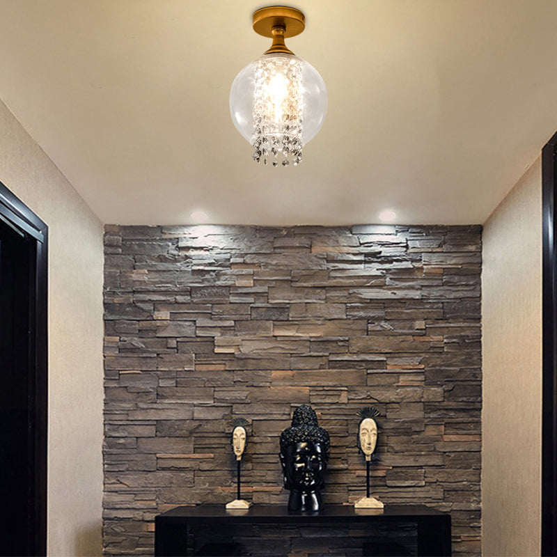 1 Bulb Globe/Cylinder Semi Flush Light Modern Glass and Metal Ceiling Light with Crystal Bead Accent in Brass Finish