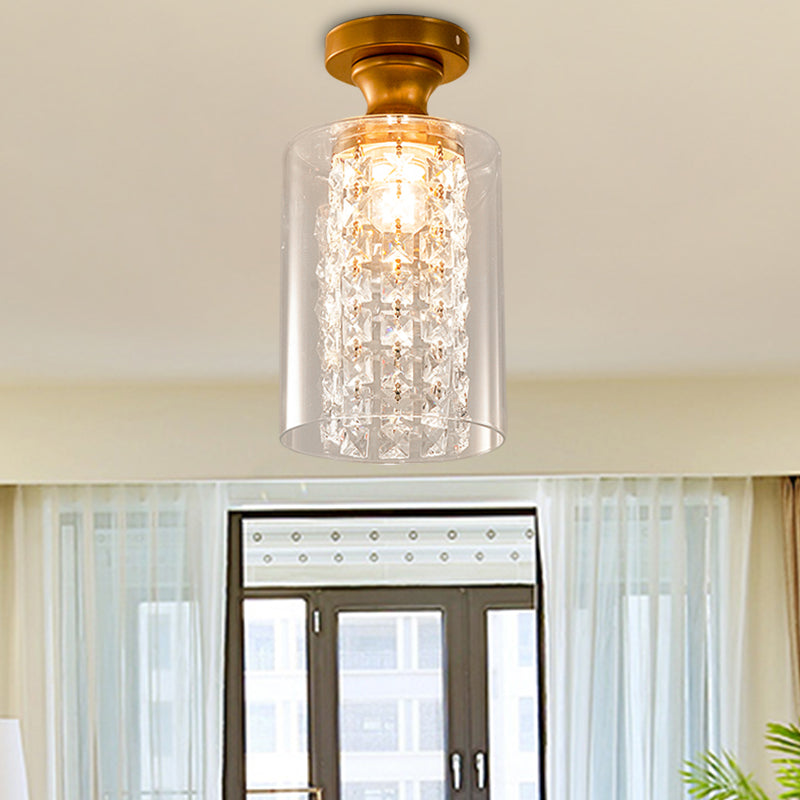 1 Bulb Globe/Cylinder Semi Flush Light Modern Glass and Metal Ceiling Light with Crystal Bead Accent in Brass Finish