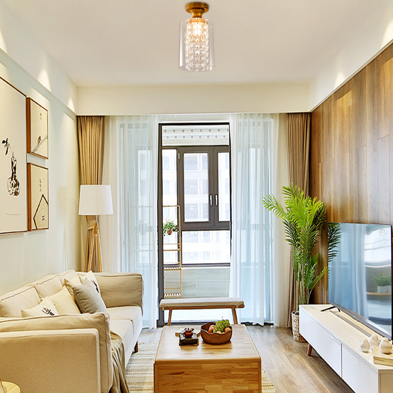 1 Bulb Globe/Cylinder Semi Flush Light Modern Glass and Metal Ceiling Light with Crystal Bead Accent in Brass Finish