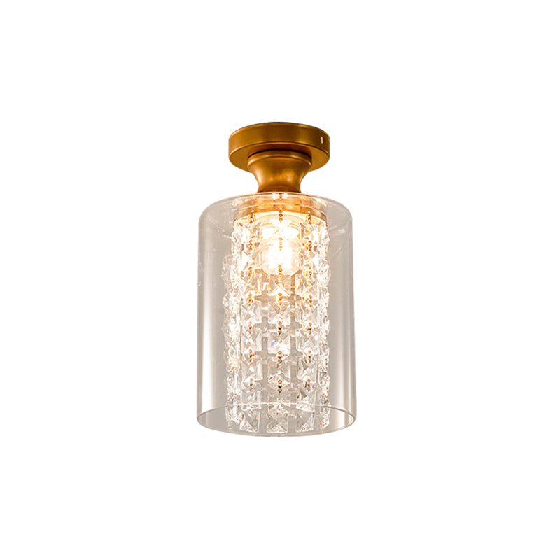 1 Bulb Globe/Cylinder Semi Flush Light Modern Glass and Metal Ceiling Light with Crystal Bead Accent in Brass Finish