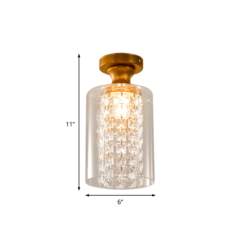 1 Bulb Globe/Cylinder Semi Flush Light Modern Glass and Metal Ceiling Light with Crystal Bead Accent in Brass Finish