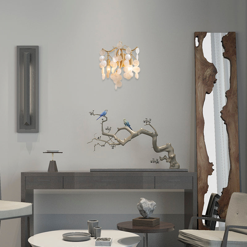 2 Lights Exposed Bulb Wall Sconce Light Contemporary Shell Wall Lighting in Gold for Living Room