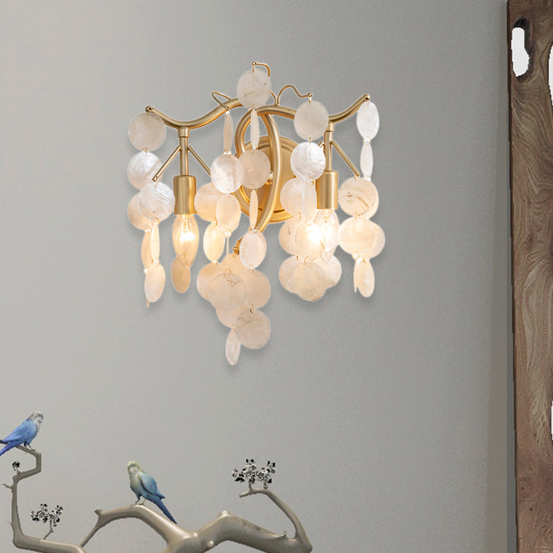 2 Lights Exposed Bulb Wall Sconce Light Contemporary Shell Wall Lighting in Gold for Living Room