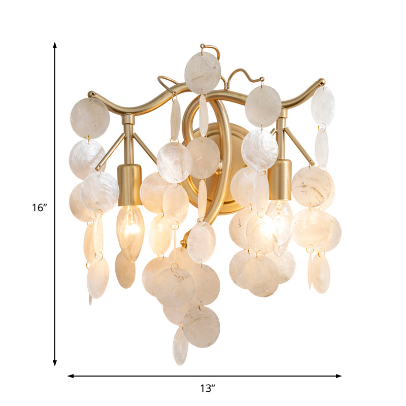 2 Lights Exposed Bulb Wall Sconce Light Contemporary Shell Wall Lighting in Gold for Living Room