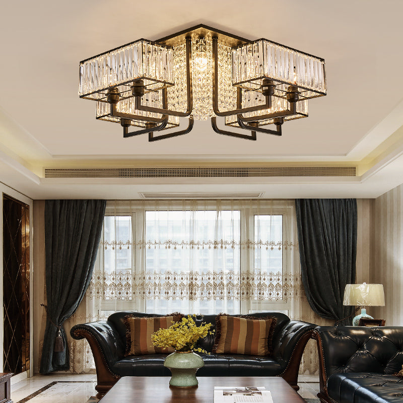 5/9/13 Lights Kubieke Semi-flush Light Modern Metal en Clear Crystal Ceiling Mounted Fixture in Black