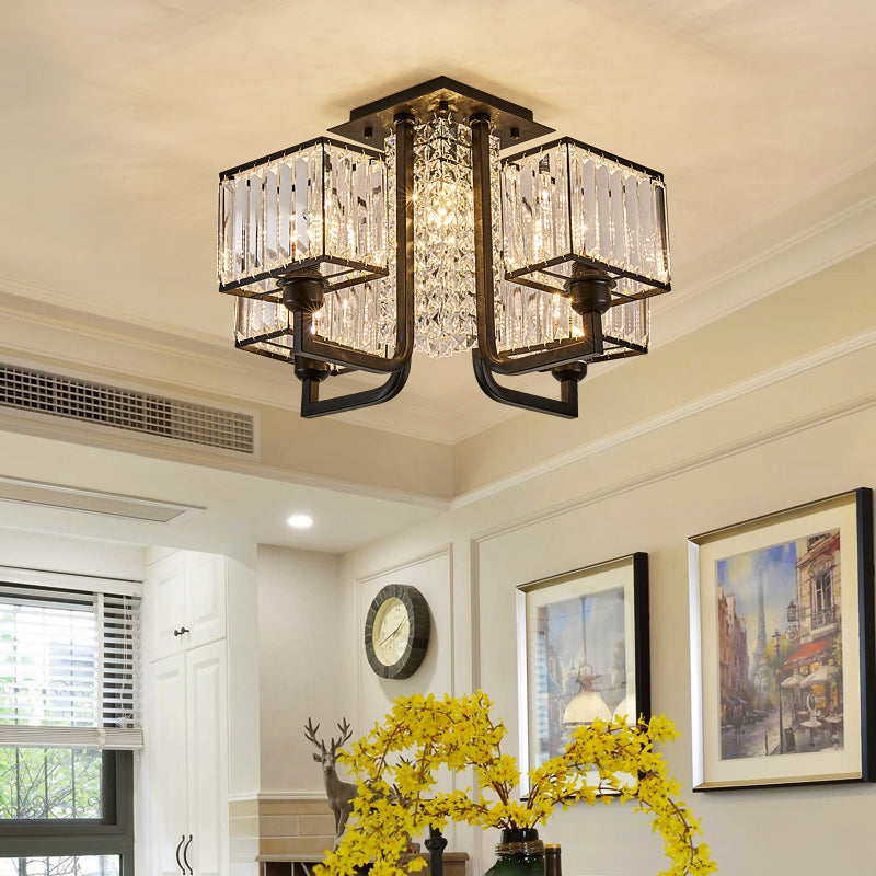 5/9/13 Lights Kubieke Semi-flush Light Modern Metal en Clear Crystal Ceiling Mounted Fixture in Black