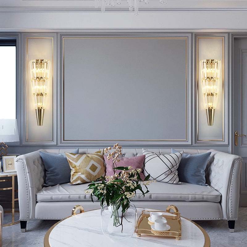 Living Room Tiered Wall Light Fixture with Crystal Block Modern Style LED Wall Lamp in Nickel Finish, 6"/8.5" Width