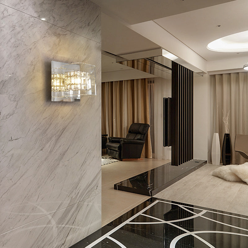 Clear Glass Squared Wall Sconce Contemporary 1 Light Wall Lamp with Inner Wire Shade in Chrome for Corridor