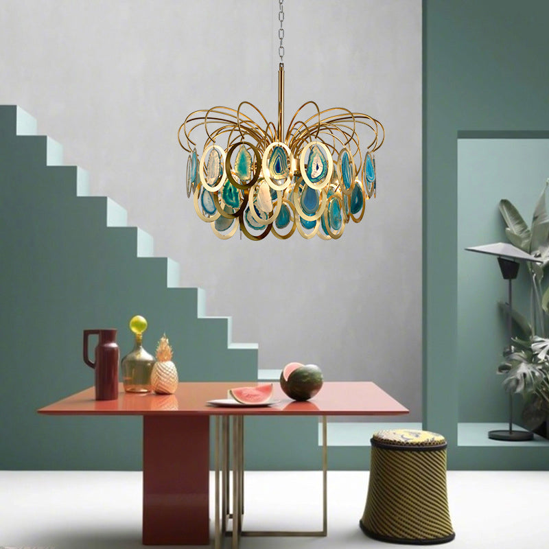 Green Peacock Feather Chandelier Light Modern 5-Head Iron Ceiling Hanging Pendant with Agates