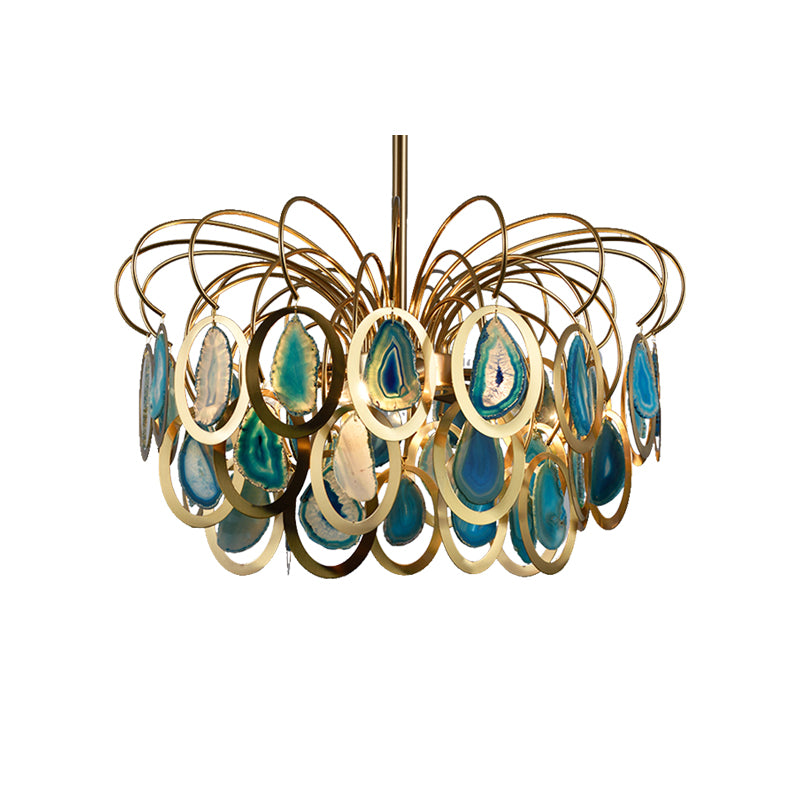 Green Peacock Feather Chandelier Light Modern 5-Head Iron Ceiling Hanging Pendant with Agates