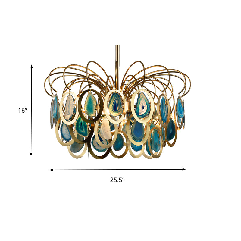 Green Peacock Feather Chandelier Light Modern 5-Head Iron Ceiling Hanging Pendant with Agates