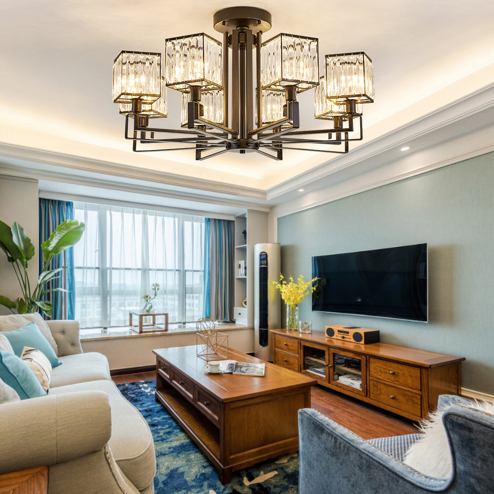 Illuminazione semifulta quadrata nera 4/6/8 luci in stile vintage lampada a soffitto in metallo con prisma di cristallo per camera da letto