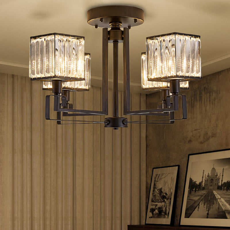 Illuminazione semifulta quadrata nera 4/6/8 luci in stile vintage lampada a soffitto in metallo con prisma di cristallo per camera da letto