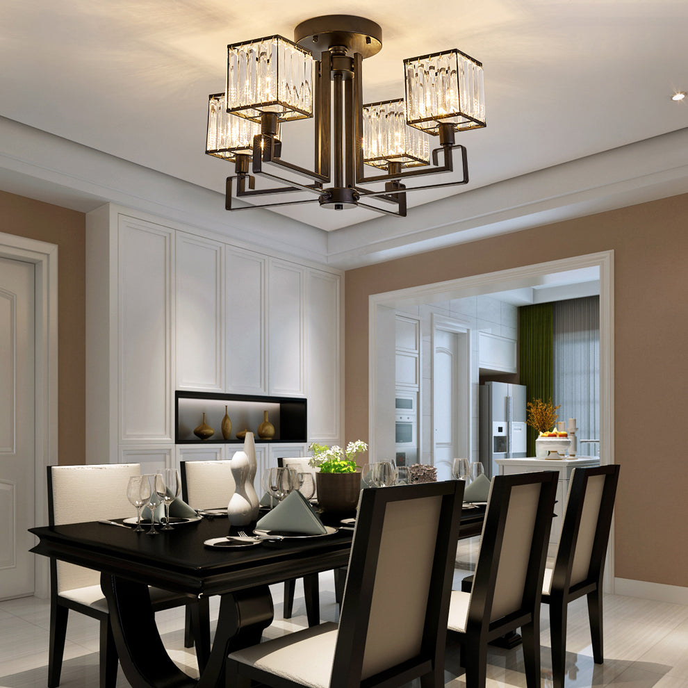 Illuminazione semifulta quadrata nera 4/6/8 luci in stile vintage lampada a soffitto in metallo con prisma di cristallo per camera da letto