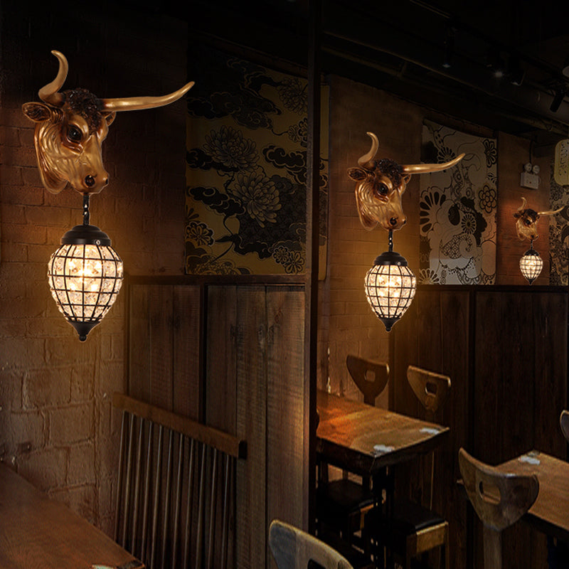 Resin Bull Wall Sconce Fixture Lodge Style 1 Light Wall Lighting with Crystal Shade in Black for Bar