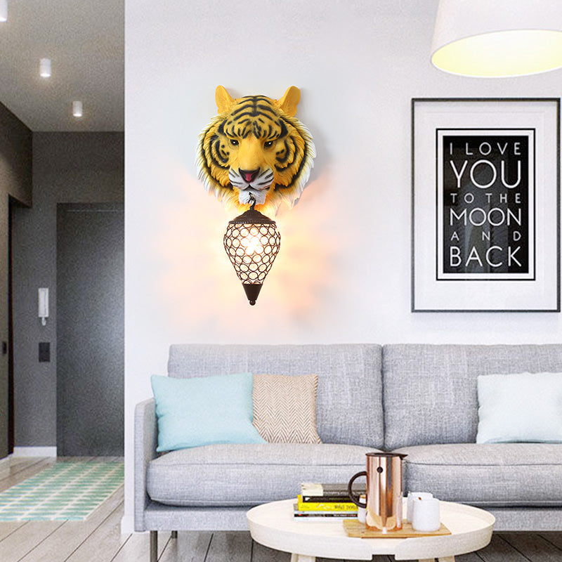 Yellow/Gray Tiger Sconce Lighting Country Style Resin 1 Bulb Wall Lamp with Clear Crystal Shade for Children Room