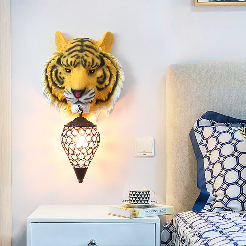 Yellow/Gray Tiger Sconce Lighting Country Style Resin 1 Bulb Wall Lamp with Clear Crystal Shade for Children Room