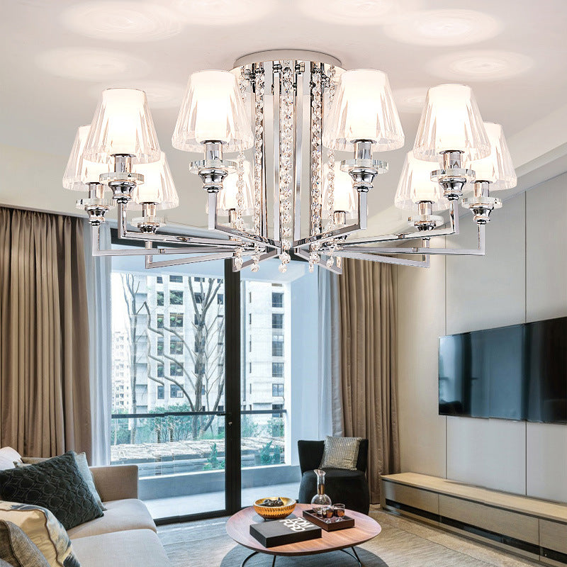 Living Room Cone Ceiling Lamp Metal and Clear Crystal Modern Chrome Finish 6/8/10 Heads Semi Mount Light