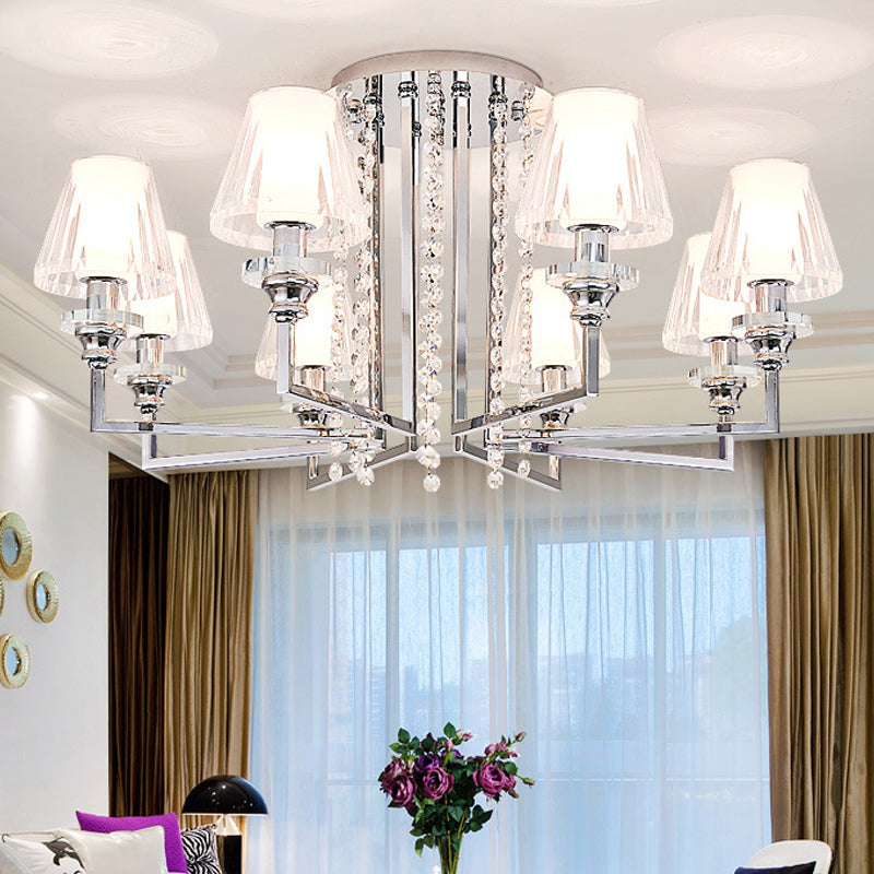 Living Room Cone Ceiling Lamp Metal and Clear Crystal Modern Chrome Finish 6/8/10 Heads Semi Mount Light