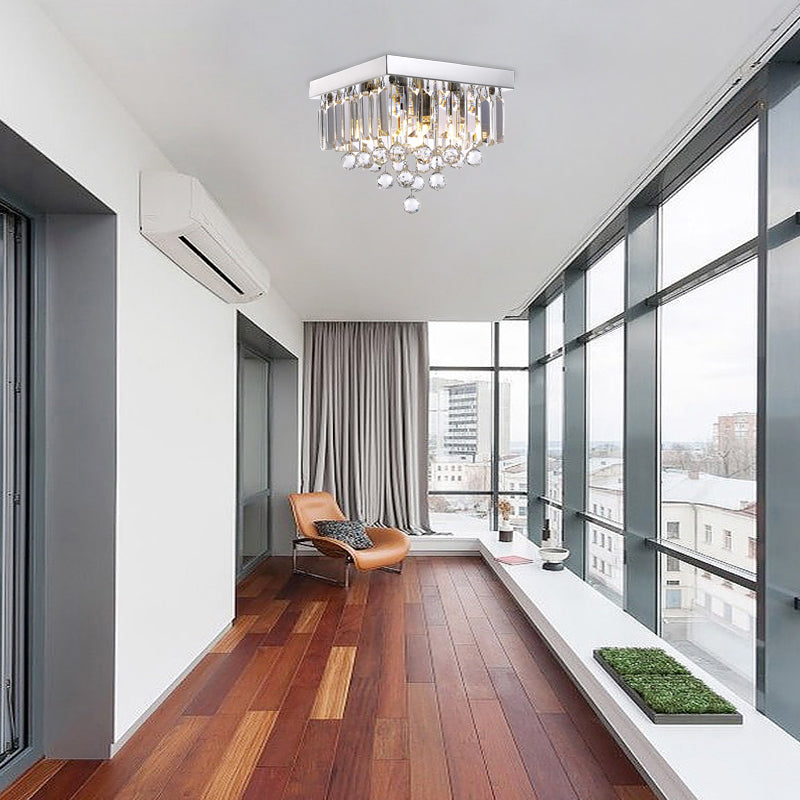 Crystal Prism Flush Techo Ligero Estilo Moderno 4 Bombillas Lámpara de techo con Canopy cuadrado en Chrome para dormitorio