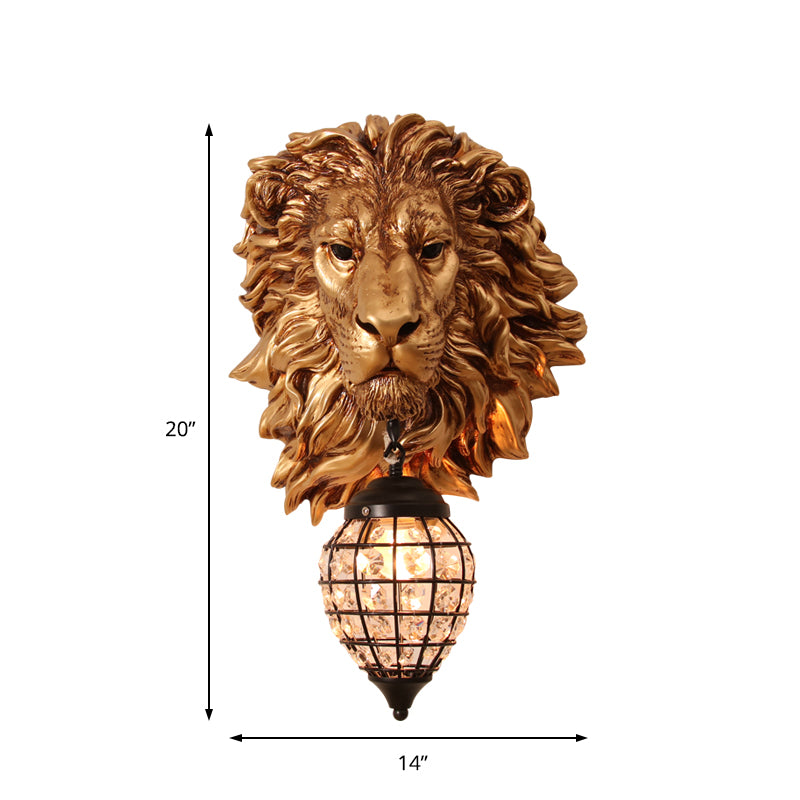 Resin Lion Wall Lamp 1 Light Country Style Wall Sconce with Clear Crystal Shade in Brown Finish