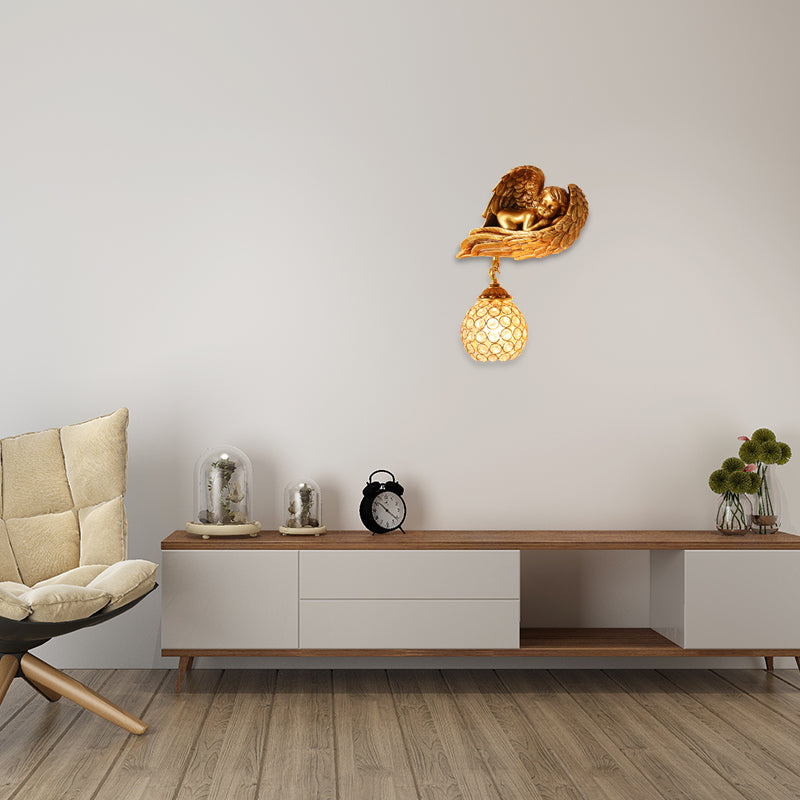 Resin Angel Wall Lighting with Clear Crystal Dome Shade 1 Light Loft Style Wall Sconce Light in Gold
