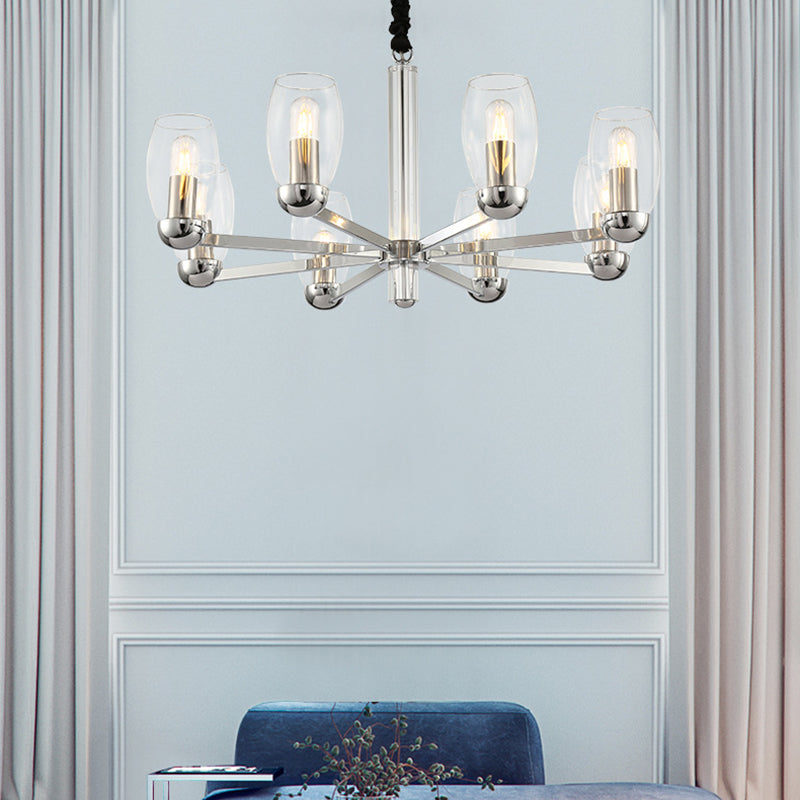 Lampadario a candela in vetro trasparente modernismo 6 teste a sospensione cromata con catena regolabile