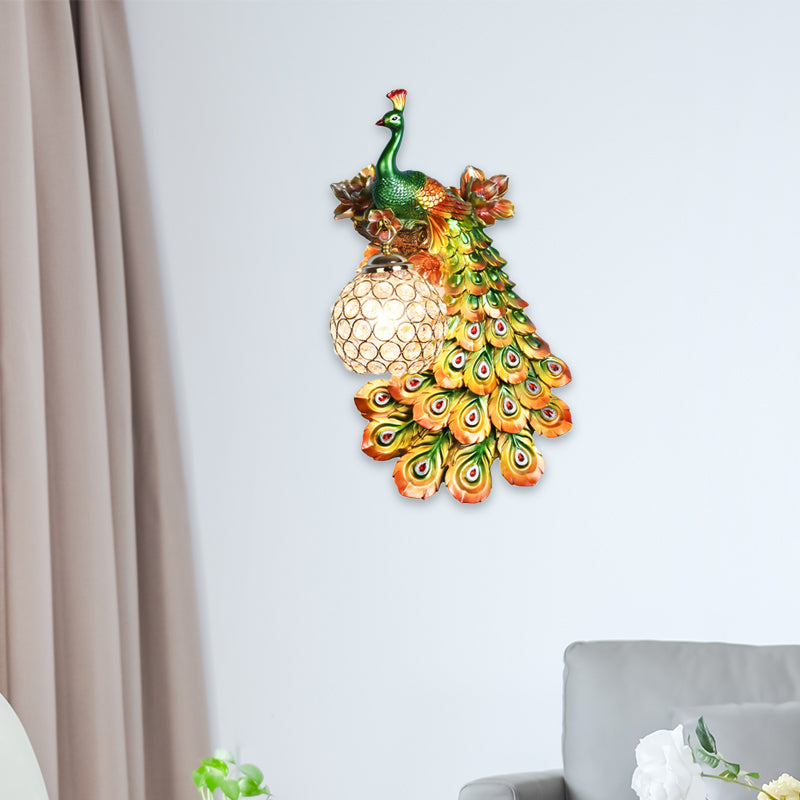 Blue/White Peacock Wall Mounted Light 1 Light Loft Style Resin 1/2-Pack Wall Lamp with Dome Crystal Shade, Double/Right/Left