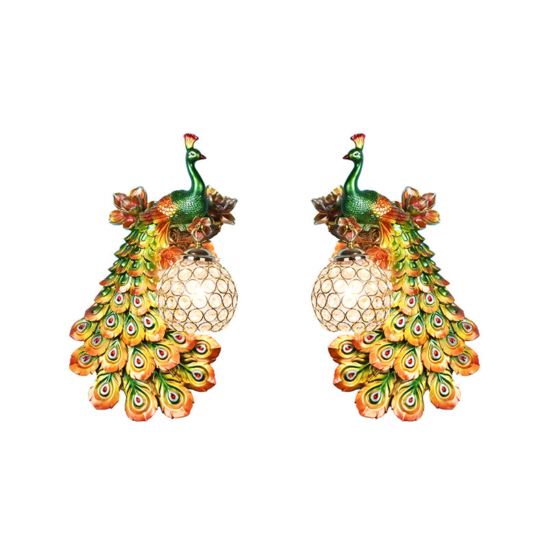 Blue/White Peacock Wall Mounted Light 1 Light Loft Style Resin 1/2-Pack Wall Lamp with Dome Crystal Shade, Double/Right/Left