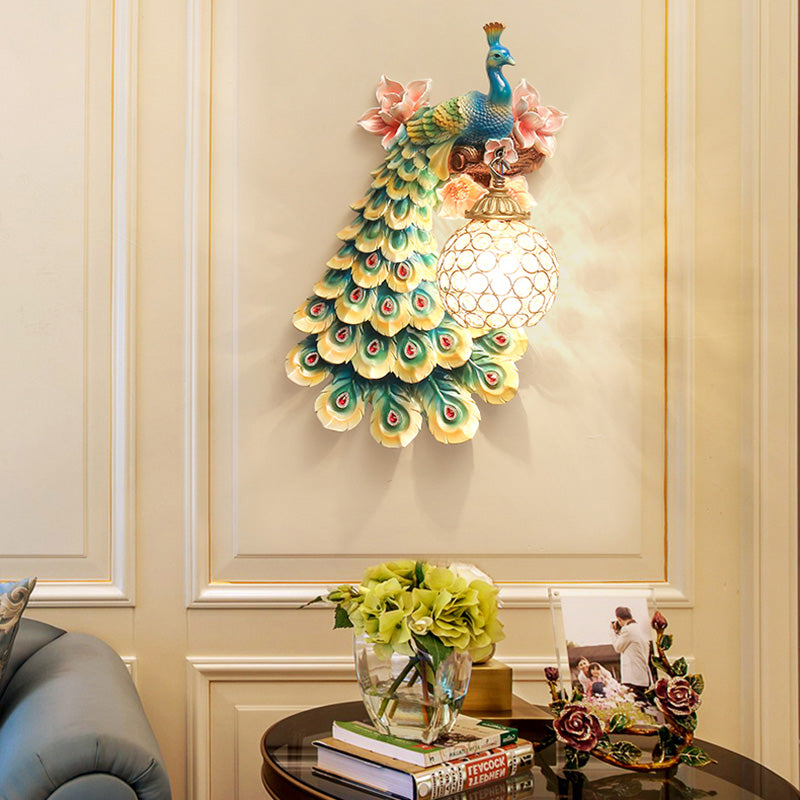 Blue/White Peacock Wall Mounted Light 1 Light Loft Style Resin 1/2-Pack Wall Lamp with Dome Crystal Shade, Double/Right/Left