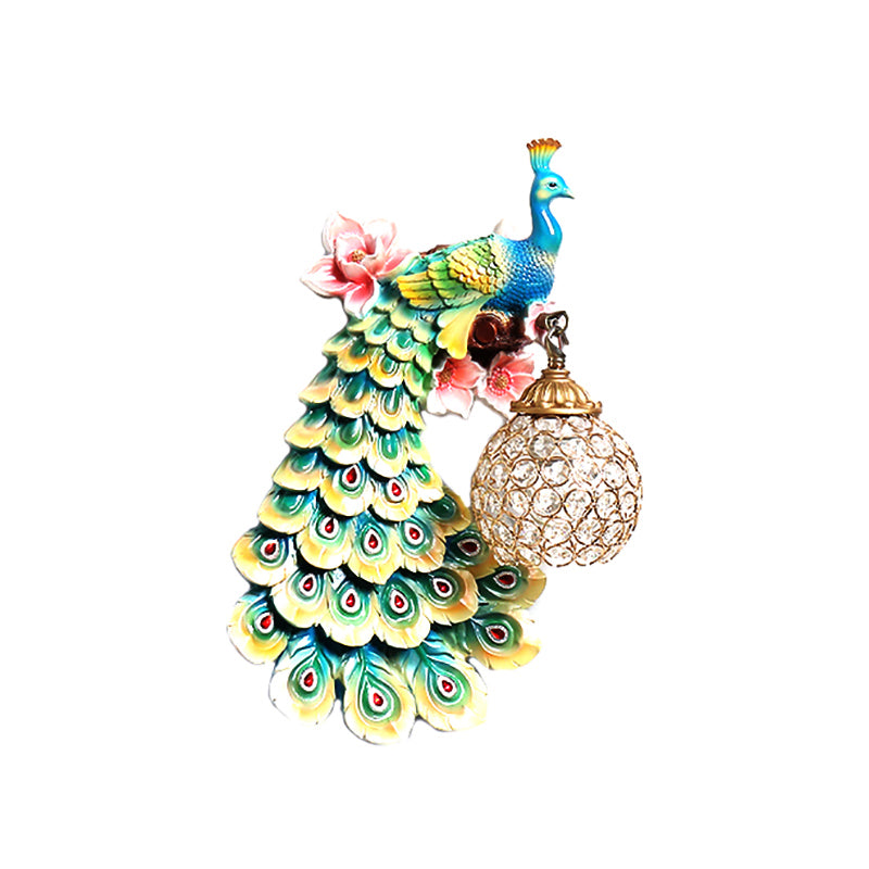 Blue/White Peacock Wall Mounted Light 1 Light Loft Style Resin 1/2-Pack Wall Lamp with Dome Crystal Shade, Double/Right/Left