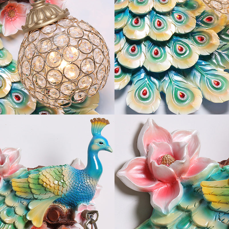 Blue/White Peacock Wall Mounted Light 1 Light Loft Style Resin 1/2-Pack Wall Lamp with Dome Crystal Shade, Double/Right/Left