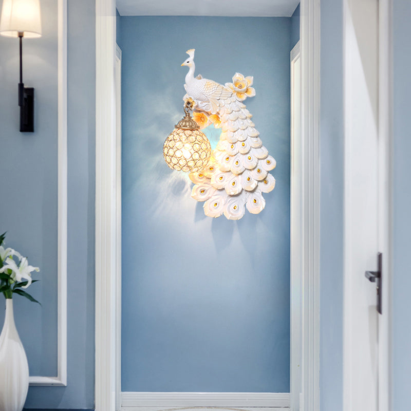 Blue/White Peacock Wall Mounted Light 1 Light Loft Style Resin 1/2-Pack Wall Lamp with Dome Crystal Shade, Double/Right/Left