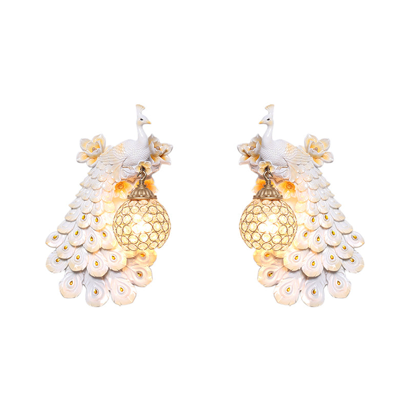 Blue/White Peacock Wall Mounted Light 1 Light Loft Style Resin 1/2-Pack Wall Lamp with Dome Crystal Shade, Double/Right/Left