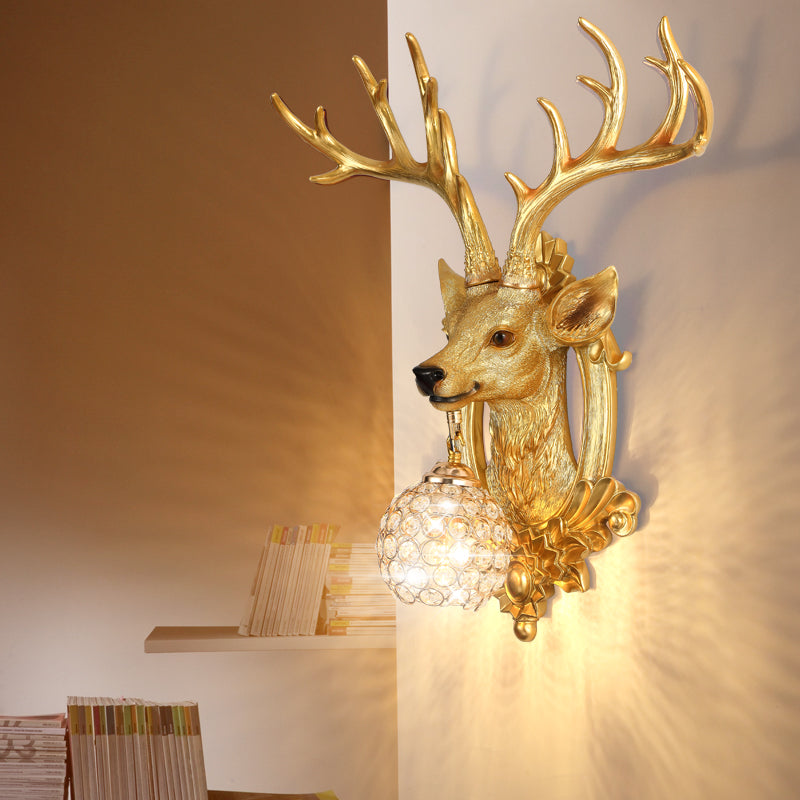 Crystal Ball Shade Wall Lighting with Elk Backplate 1 Light Countryside Sconce Light Fixture in White/Gold
