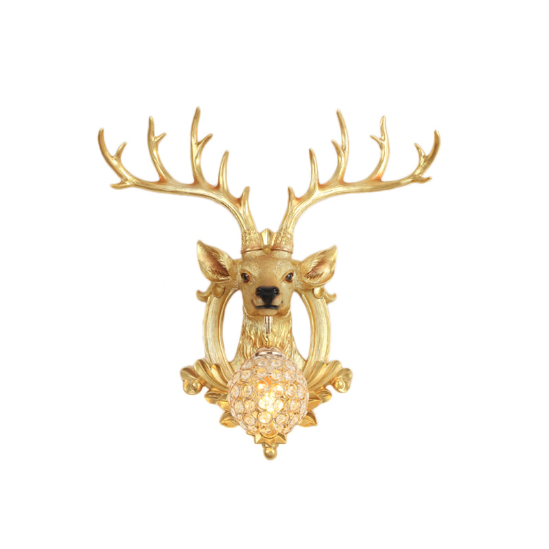Crystal Ball Shade Wall Lighting with Elk Backplate 1 Light Countryside Sconce Light Fixture in White/Gold