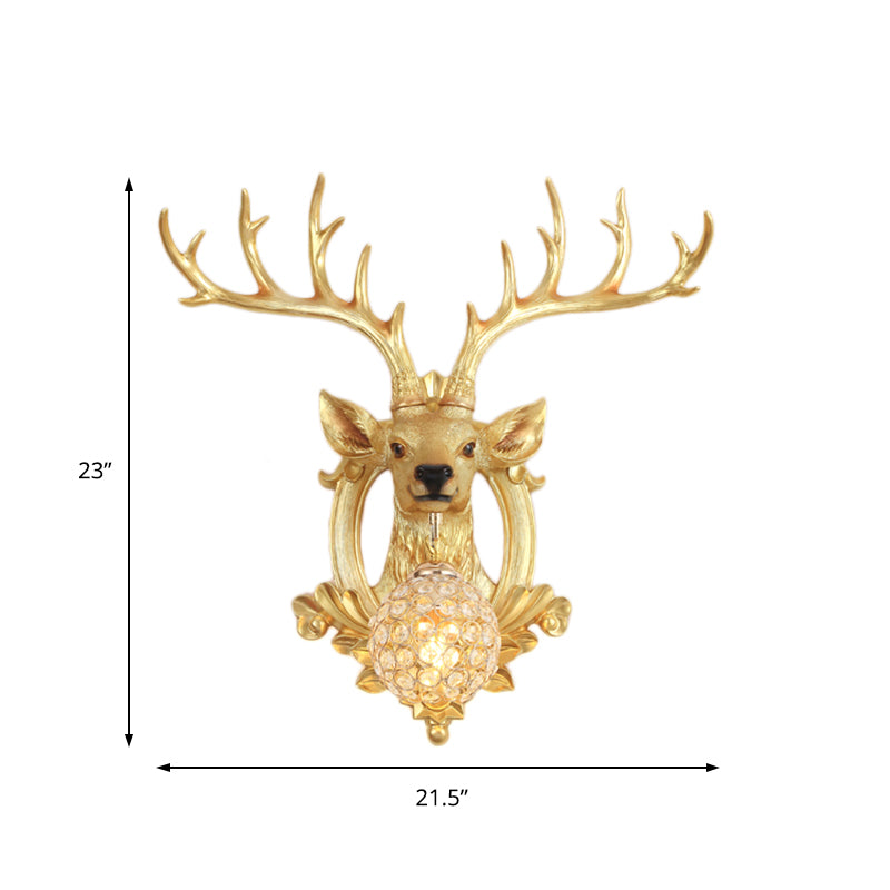 Crystal Ball Shade Wall Lighting with Elk Backplate 1 Light Countryside Sconce Light Fixture in White/Gold