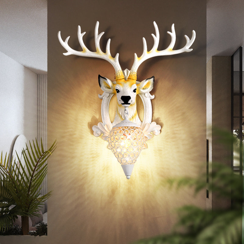 Crystal Ball Shade Wall Lighting with Elk Backplate 1 Light Countryside Sconce Light Fixture in White/Gold