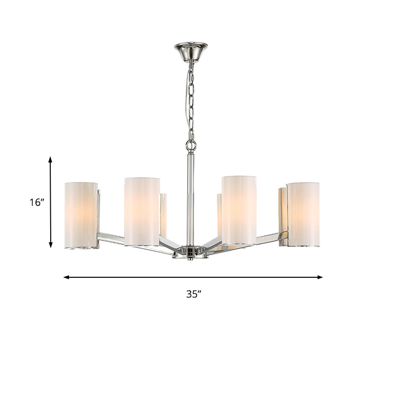 White Glass Cylindrical Chandelier Contemporary 8-Light Silver Ceiling Pedant Lamp with Adjustable Chain