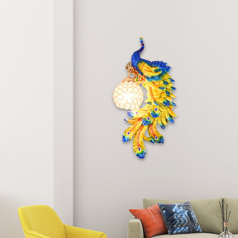 Double/Right/Left Peacock Wall Lamp Country Resin 1 Bulb Sconce Light Fixture with Clear Crystal Shade in White/Blue Finish, 1/2-Pack