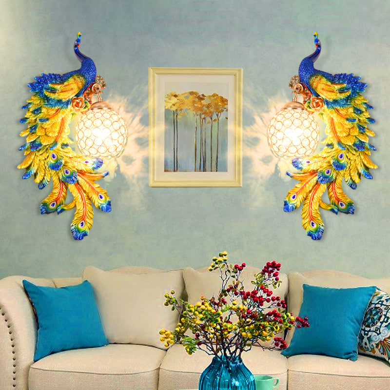 Double/Right/Left Peacock Wall Lamp Country Resin 1 Bulb Sconce Light Fixture with Clear Crystal Shade in White/Blue Finish, 1/2-Pack