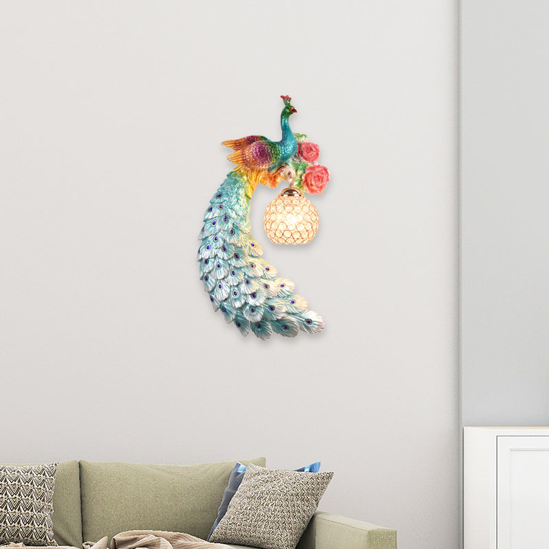1/2-Pack Blue/Green Peacock Wall Light Fixture 8"/10" Wide 1 Head Retro Style Resin Wall Lamp with Crystal Global Shade, Left/Right