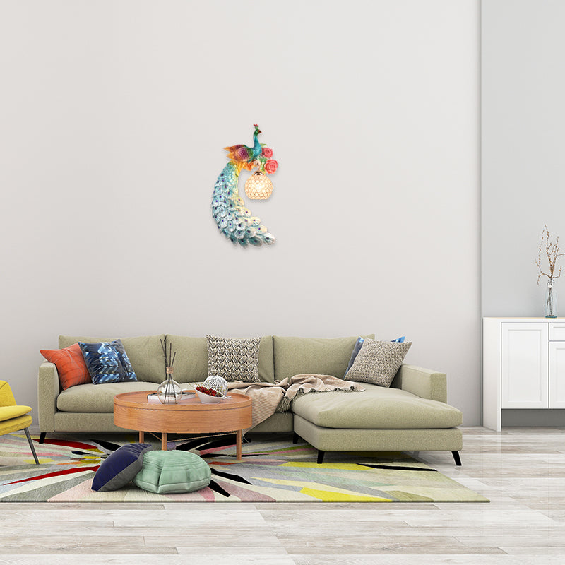 1/2-Pack Blue/Green Peacock Wall Light Fixture 8"/10" Wide 1 Head Retro Style Resin Wall Lamp with Crystal Global Shade, Left/Right