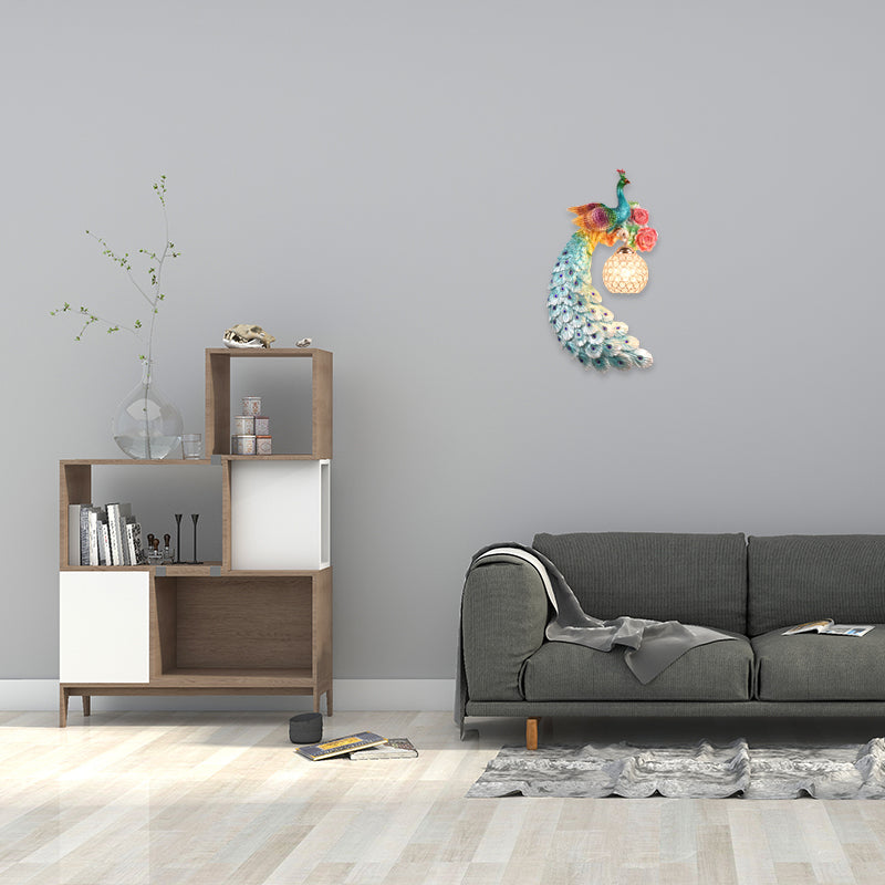 1/2-Pack Blue/Green Peacock Wall Light Fixture 8"/10" Wide 1 Head Retro Style Resin Wall Lamp with Crystal Global Shade, Left/Right